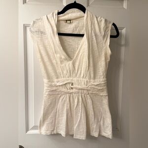 Cream Ruched Cap Sleeve Peplum Blouse